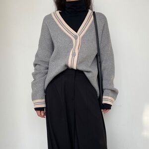 Oak & Fort HEATHER GREY BIRCH OVERSIZED BUTTON UP VARSITY CARDIGAN MEDIUM